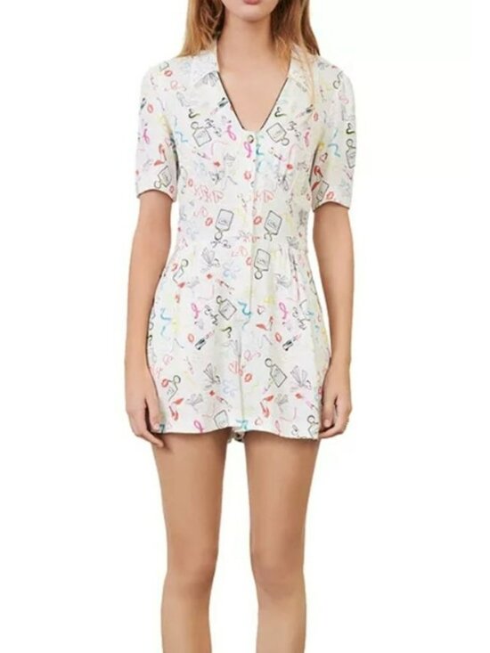 Maje Pants - Maje Multicolor Printed Playsuit Lace Collar & Short Sleeves 100% Viscose 36 (S)